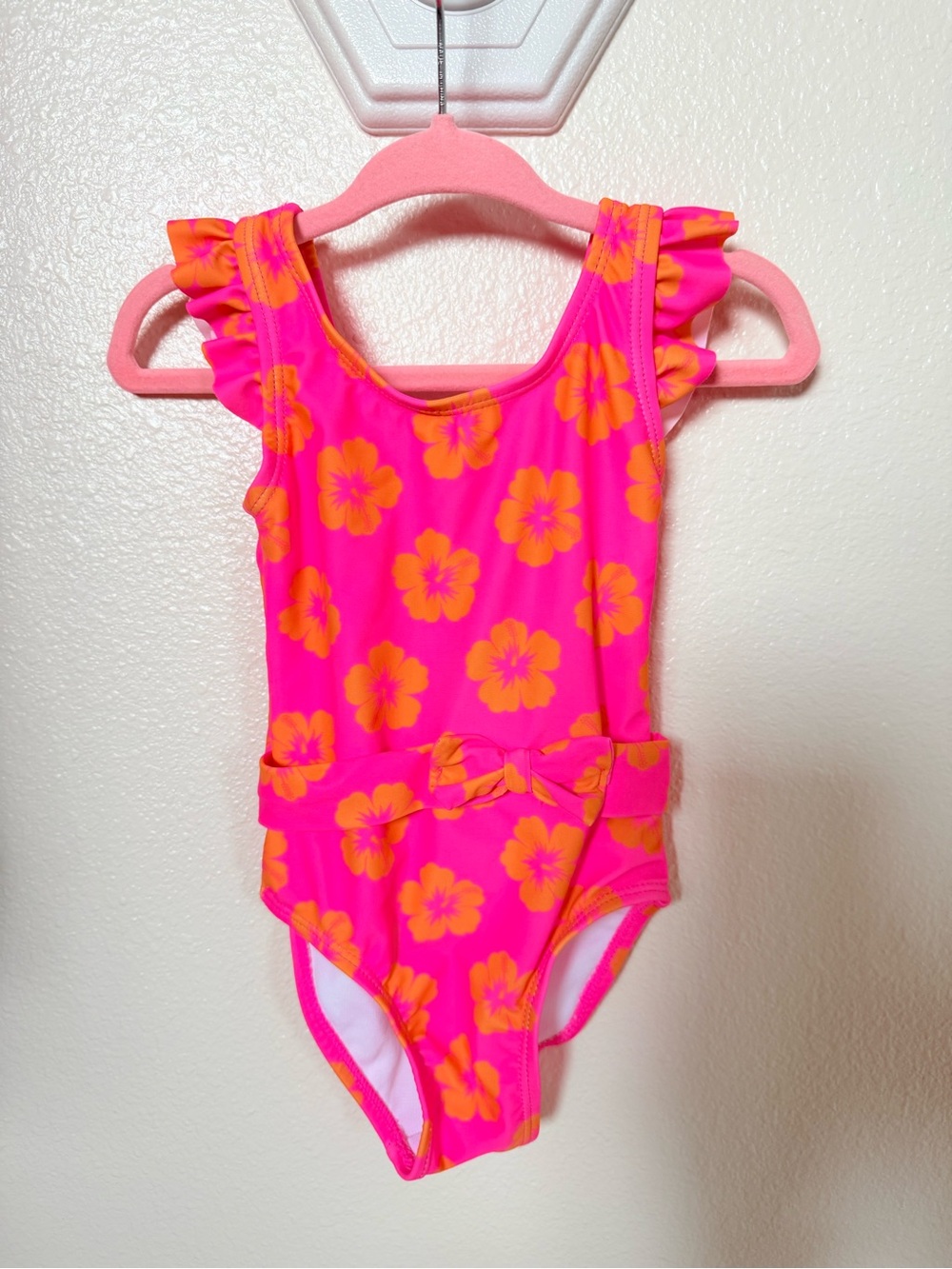Girls' Hot Pink Floral One-Piece Swimsuit with Waist Bow